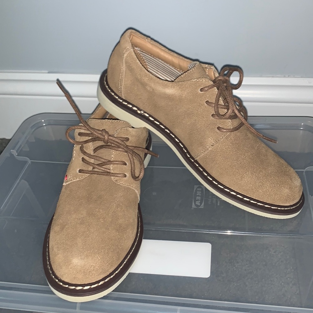 “Little Jimmy” Boys tan suede Oxford shoes.